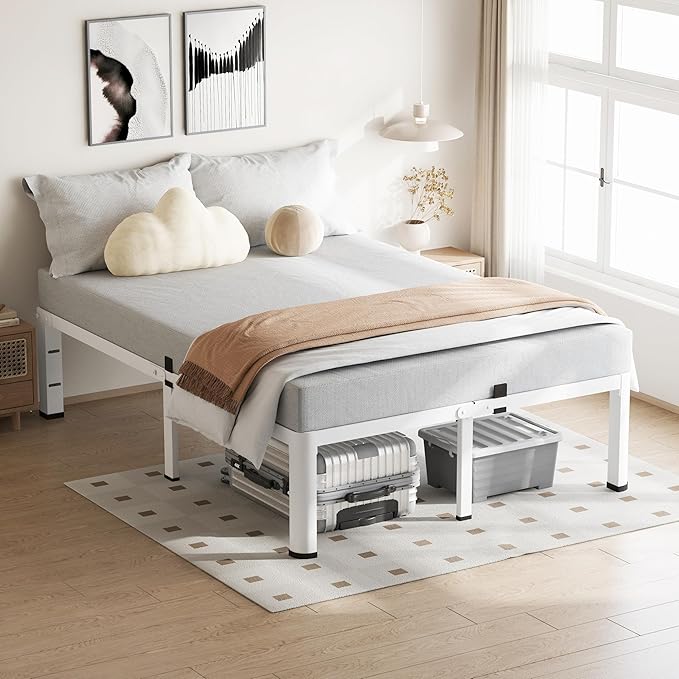 12 Inch White Queen Bed Frame, 3500Lbs Heavy Duty Metal Platform with Round Corner Legs Mattress Slide Stopper, Steel Slat Support No Box Spring Needed, Noise Free, Non-Slip, Easy Assembly