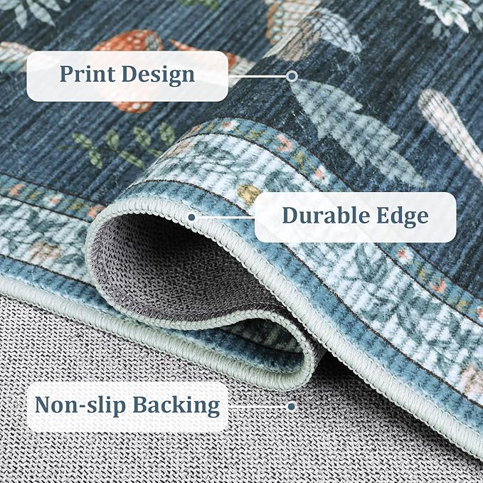 Mushroom Washable Area Rug 6x9 Rugs for Living Room Soft Low-Pile Stain Resistant Thin Carpet for Bedroom Dining Nursery Non Slip Mat with Rubber Blue