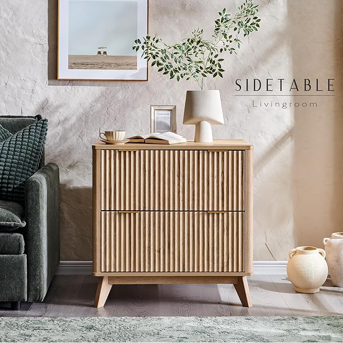 T4TREAM Modern Fluted Wood Night Stand, 30" Tall Bedside Table with 2 Drawers & Large Tabletop, Side Tables Bedroom, End Table for Living Room, Natural Oak