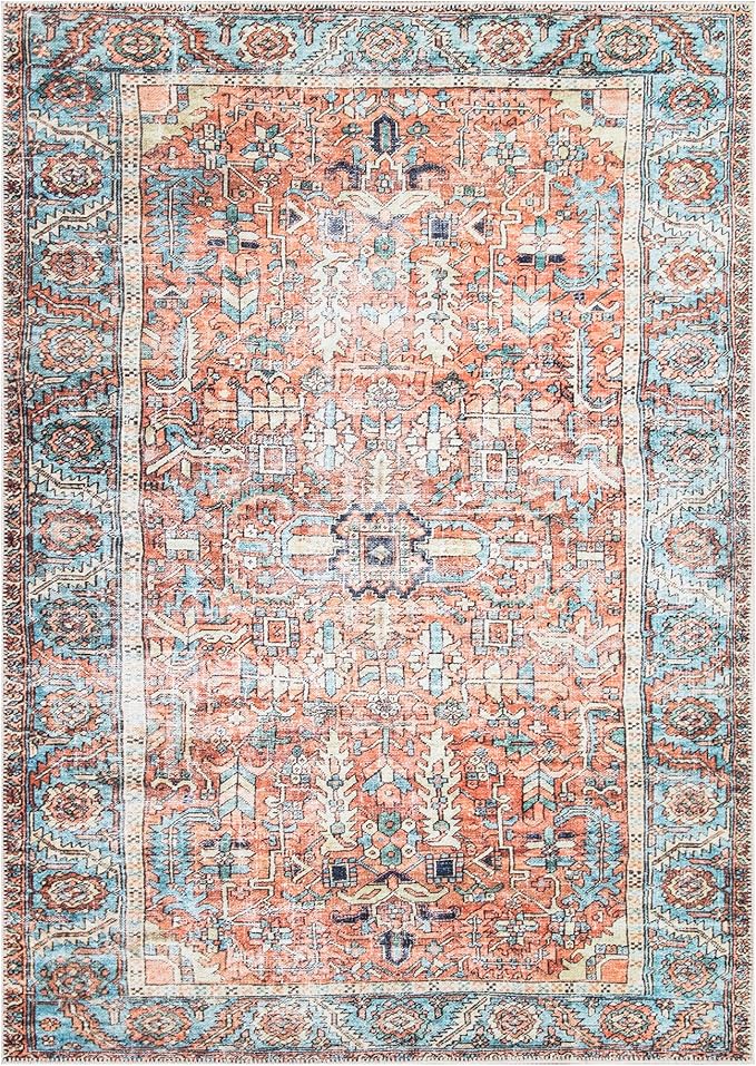 Bloom Rugs Washable Non-Slip 5' x 7' Rug - Orange/Blue Traditional Area Rug for Living Room, Bedroom, Dining Room, and Kitchen - Exact Size: 5' x 7'