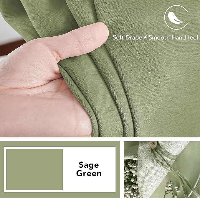 Deconovo Blackout Curtains, Thermal Insulated, W52 x L63 2 Panels, Back Tab, Machine Washable, Room-Darkening Drapes for Bedroom/Living Room Sage Green