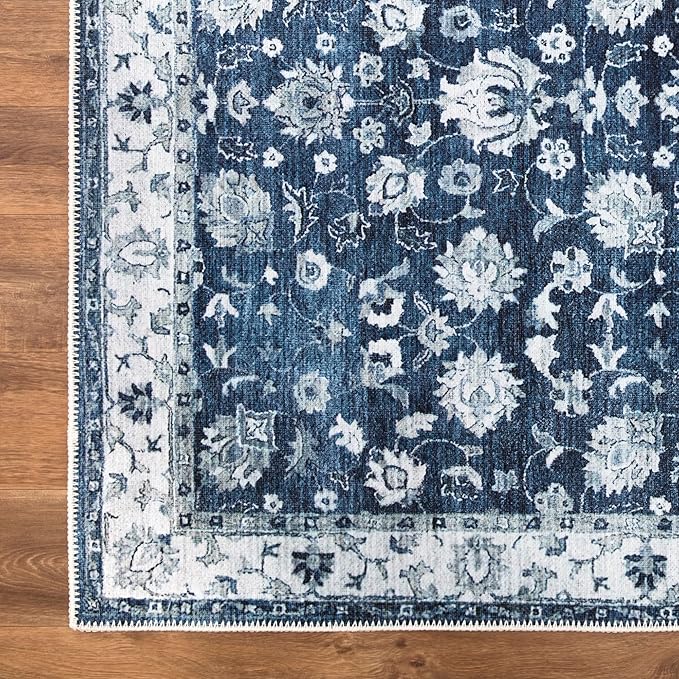 Bloom Rugs Washable Non-Slip 9' x 12' Rug - Dark Blue Traditional Bordered Area Rug for Living Room, Bedroom, Dining Room, and Kitchen - Exact Size: 9' x 12'