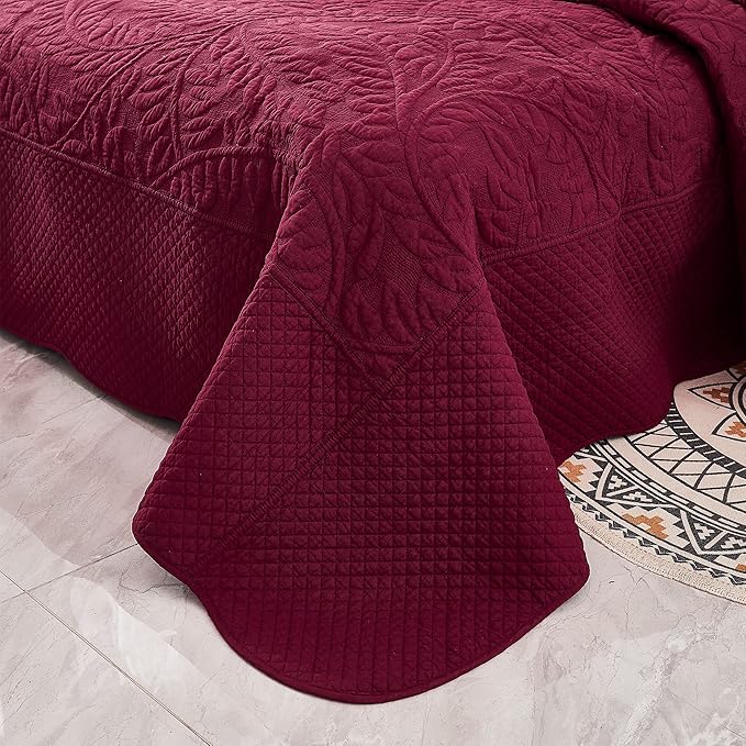 MarCielo 3-Piece 100% Cotton Oversized Bedspread Lightweight Quilt Coverlet Embroidery Farmhouse Bedding Set T0 (Wine Burgundy, Oversized Queen (100"x106"))