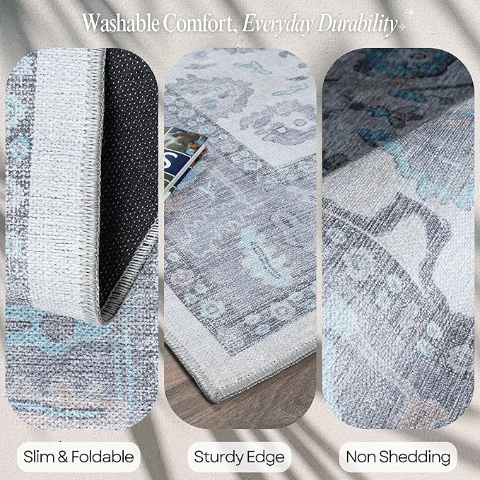 Fame Rugs Gray Modern Oushak Rug 2'6"x7', Washable Vintage Turkish Colorful Oriental Antique Inspired Foldable Small Runner Rugs, Luxury Living Room Bedroom (384GB, 2'6" x 7')
