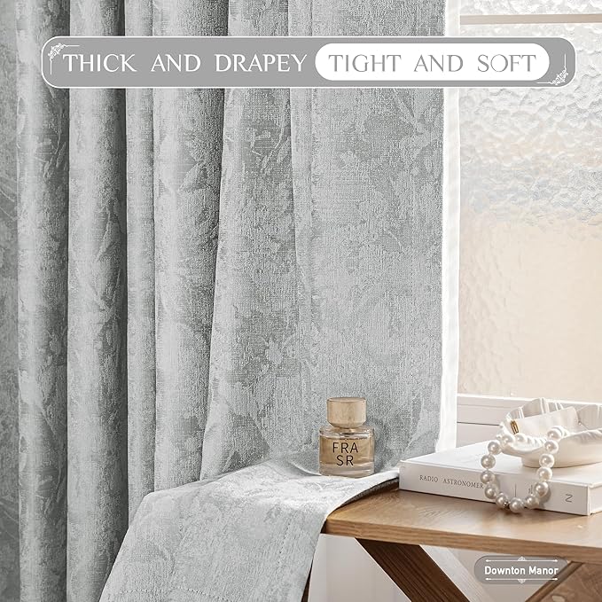 Beauoop Grey Floral Jacquard Blackout Curtains 63 Inches Long 2 Panels for Bedroom Living Room Gray Flower Chenille Room Darkening Thermal Insulated Soundproof Grommet Window Treatments Drapes, 52x63