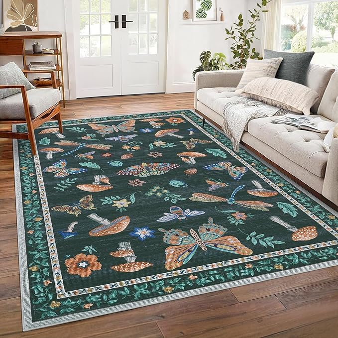 Mushroom 8 X 10 Rug for Living Room Non Slip Washable 8x10 Rug for Bedroom with Rubber Back Soft Low-Pile Stain Resistant Foldable Large Carpet for Office Nursery Dining Room Black