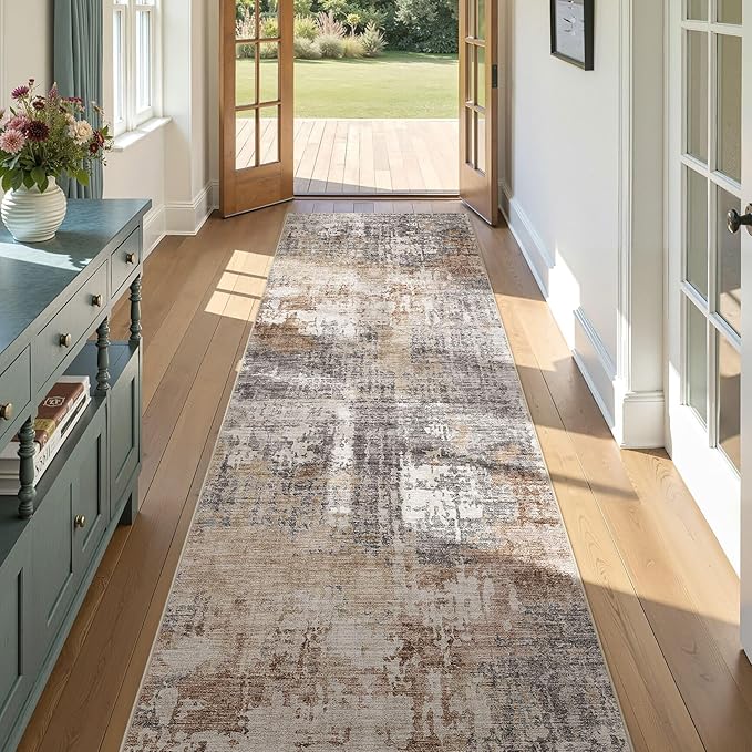 3x10 Washable Runner Rug for Hallway: Soft Neutral Modern Abstract Low Pile Rug Indoor - Carpet for Bedroom Dining Room Kitchen Entryway - Grey Brown