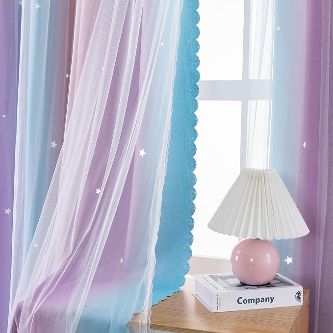 XiDi Curtains for Bedroom Decor, Rainbow Pink Purple/52/90