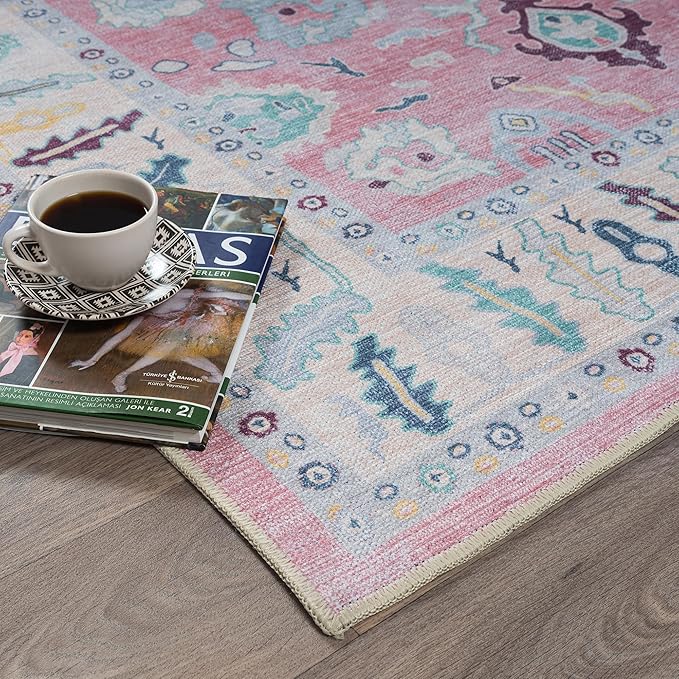 Fame Rugs Pink Modern Oushak Rug 2'6"x10, Vintage Turkish Colorful Oriental Antique Inspired Foldable Long Washable Runner Rugs, Luxury Living Room Bedroom (385PB, 2'6" x 10')
