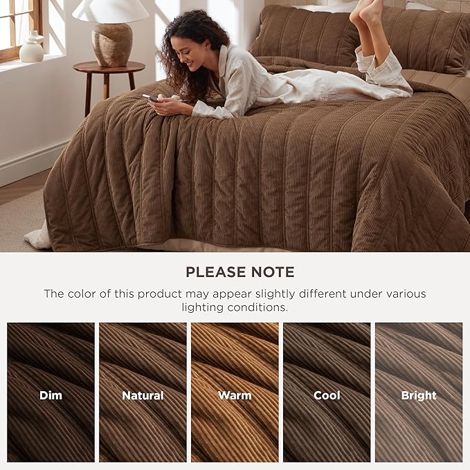 Bedsure Luxury Velvet Quilt King Size - Lightweight Velvet Brown Fluffy Comforter Set, Oversized Corduroy Bedspread Coverlet Winter Bedding Set, Pet-Friendly, Tear-Resistant, Ultra-Soft, 106"x96"