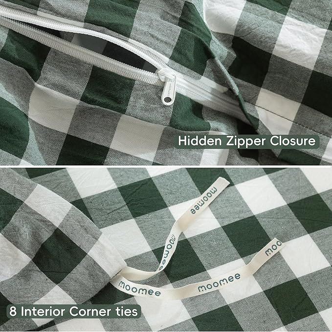 MooMee Gingham Duvet Cover Set 100% Washed Cotton Linen Like Textured Breathable Durable Soft Comfy Modern Checkered Design (Buffalo Plaid Forest Green, King 104"x90")