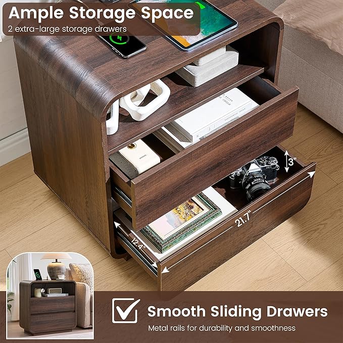 Walnut Curved Nightstand Set of 2 with Charging Station, 23.2" Wide Wood Bedside Table 2 Storage Drawers, Modern Side Table Handleless, Large End Table Night Stand for Bedroom