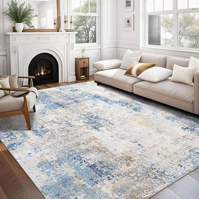 8x10 Area Rugs for Living Room, Non-Slip Backing Washable Rug 8x10, Large Area Rug Soft Carpet for Bedroom Dining Room, Modern Abstract, Easy Clean, Durable, Blue Ivory Yellow