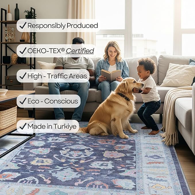 Fame Rugs Navy Blue Modern Oushak Rug 2'6"x10, Vintage Turkish Colorful Oriental Antique Inspired Foldable Long Washable Runner Rugs, Luxury Living Room Bedroom (388NB, 2'6" x 10')