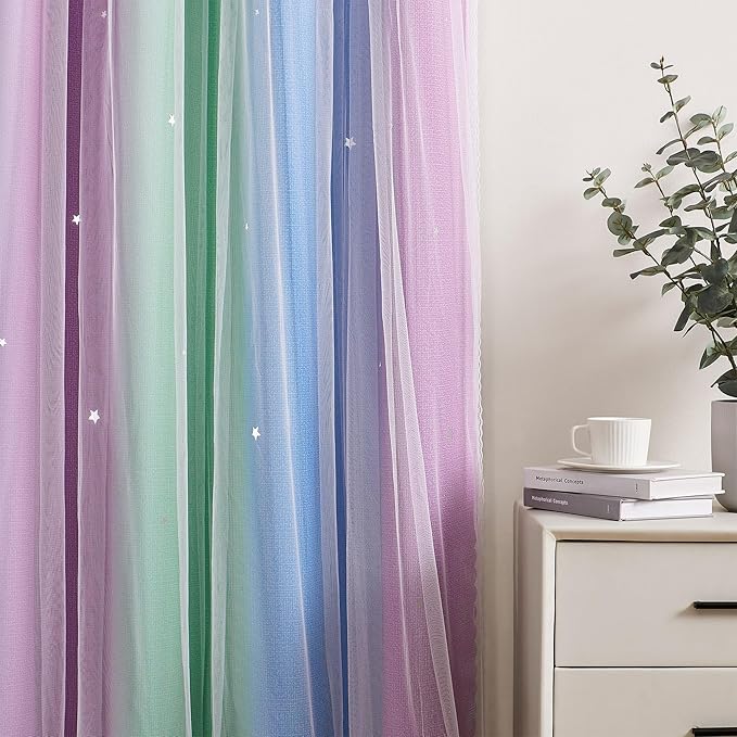 XiDi Curtains for Bedroom Decor, Rainbow Green PurpleBlue52/96/1