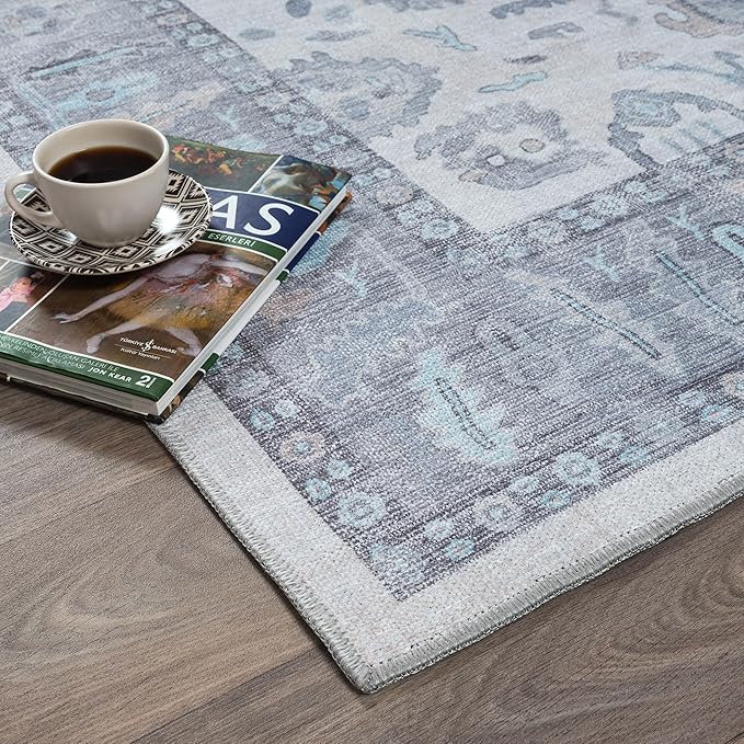 Fame Rugs Gray Modern Oushak Rug 2'6"x7', Washable Vintage Turkish Colorful Oriental Antique Inspired Foldable Small Runner Rugs, Luxury Living Room Bedroom (384GB, 2'6" x 7')