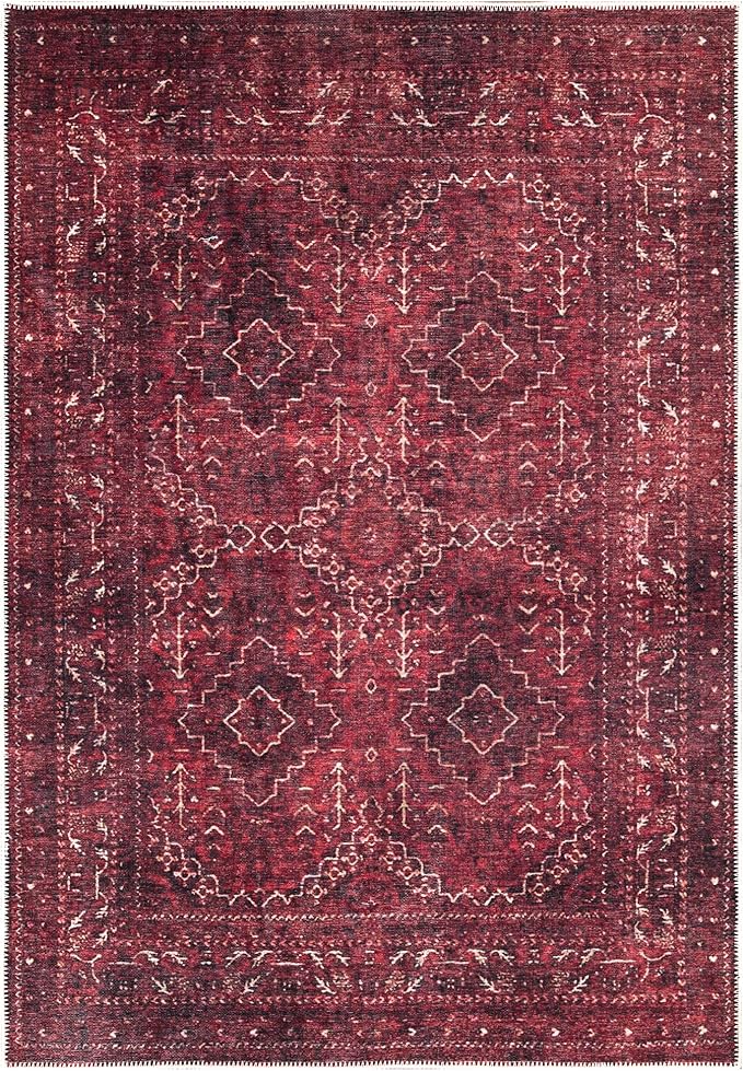 Bloom Rugs Washable Non-Slip 3' x 5' Rug - Dark Red Traditional Bordered Area Rug for Living Room, Bedroom, Dining Room, and Kitchen - Exact Size: 3' x 5'