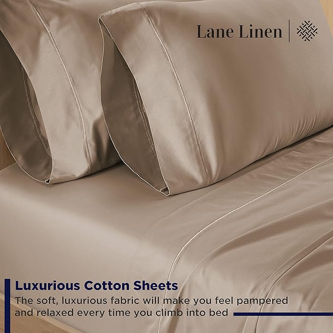 Lane Linen 100% Cotton Bed Sheets – 600 Thread Count Cooling Sheets Queen, Durable Daily Use Bedding, Value Comfort for Nightly Rest, Hotel Sateen Finish, Snug Fit 15" Deep Pocket Fitted Sheet – Taupe