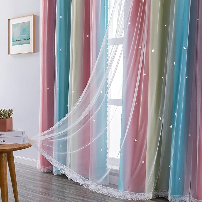 XiDi Curtains for Bedroom Decor, Rainbow Pink-Blue-34-90