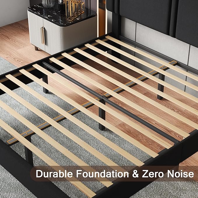 Upholstered Full Size Bed Frame with Linen Fabric Headboard, Strong Wooden Slats Support, Noise Free, No Box Spring Needed, Black
