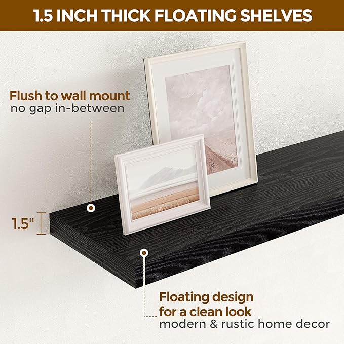 Fun Memories Floating Shelves for Wall, 24 x 9.3 Floating Shelf Wall-Mounted, Rustic Wood Bathroom Shelf Set of 2, Deep Bookshelf Storge Shelves for Living Room, Bedroom, Farmhouse, Black Color