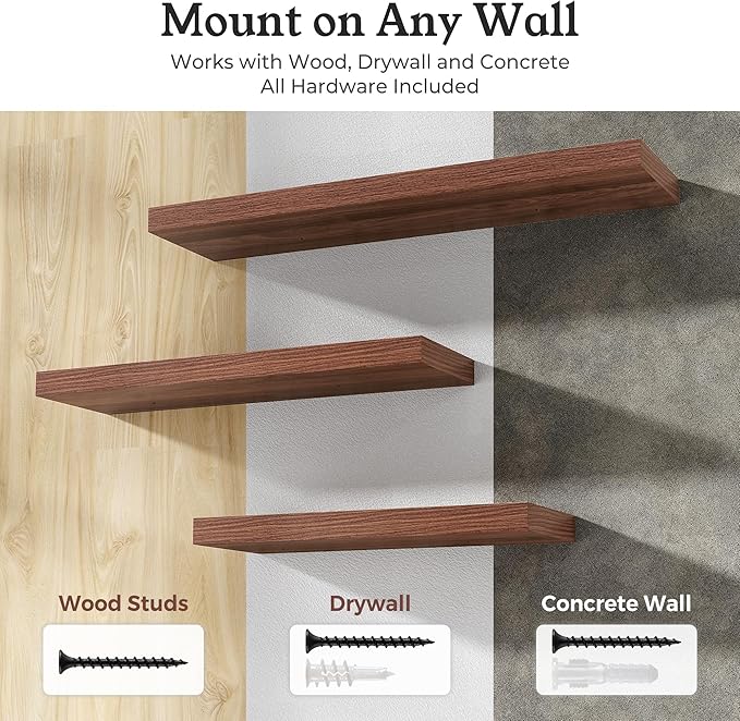 Floating Shelves for Wall, 7.9" Deep Wall Mounted Wood Shelves for Bathroom, Bedroom, Living Room, Kitchen, Hanging Shelf for Books/Storage/Room Decor (Walnut, 16")
