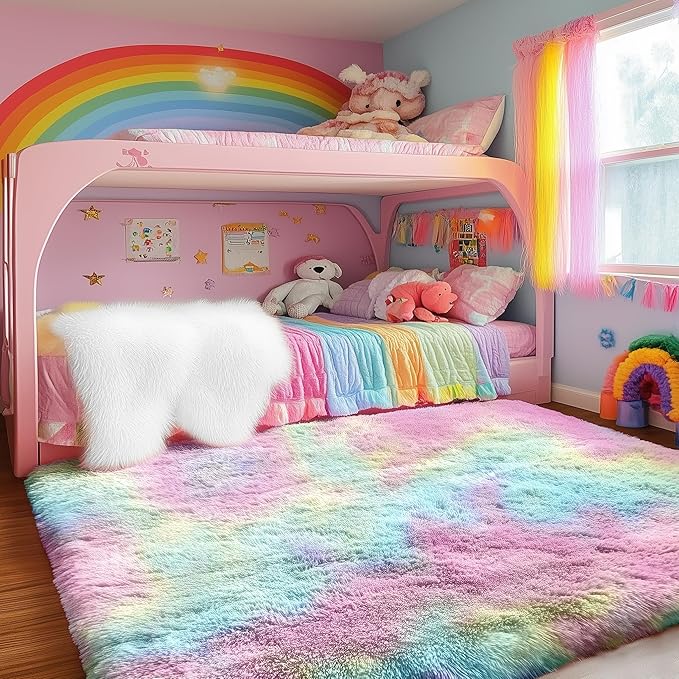PAGISOFE Fluffy Soft Plush Washable Area Rugs for Girls Bedroom Shaggy Rugs for Kids Playroom Kawaii Princess Fuzzy Nursery Rug for Baby's Toddler's Room Cute Room Decor for Teenage 5x8 Ft Rainbow