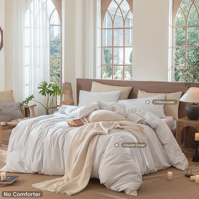 MooMee Striped Duvet Cover Set 100% Washed Cotton Linen Like Textured Breathable Durable Soft Comfy (White Cornflower Blue Wide Stripes, Twin 68"x90")