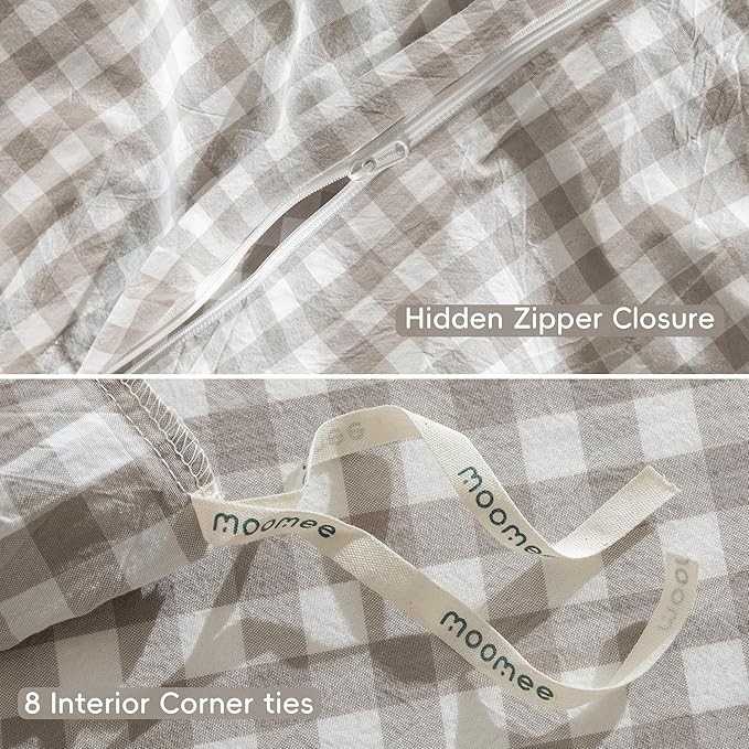MooMee Gingham Duvet Cover Set 100% Washed Cotton Linen Like Textured Breathable Durable Soft Comfy Modern Checkered Design (Tannish Linen Grey Gingham, Oversized Queen 98"x98")