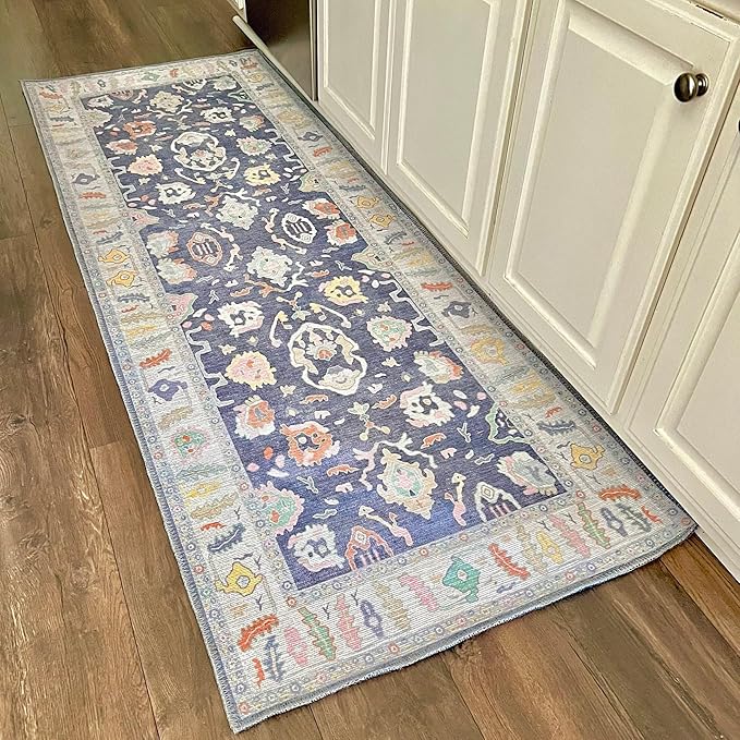 Fame Rugs Navy Blue Modern Oushak Rug 2'6"x10, Vintage Turkish Colorful Oriental Antique Inspired Foldable Long Washable Runner Rugs, Luxury Living Room Bedroom (388NB, 2'6" x 10')