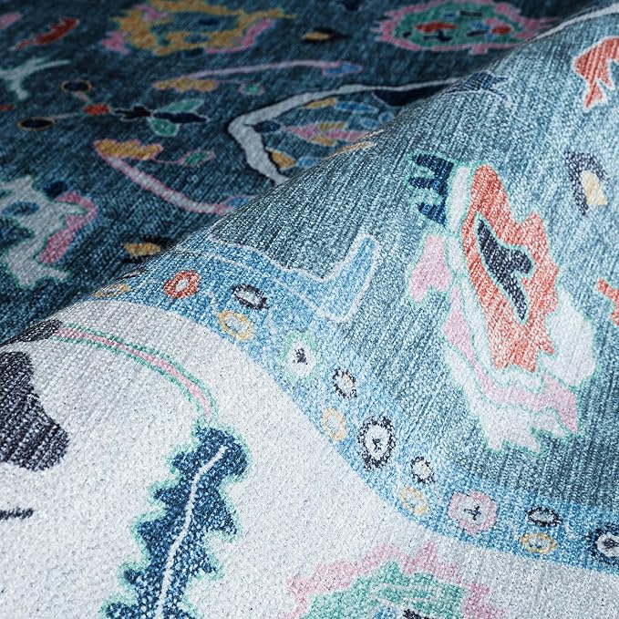 Fame Rugs Teal Modern Oushak Rug 2'6"x7', Washable Vintage Turkish Colorful Oriental Antique Inspired Foldable Small Runner Rugs, Luxury Living Room Bedroom (995T, 2'6" x 7')