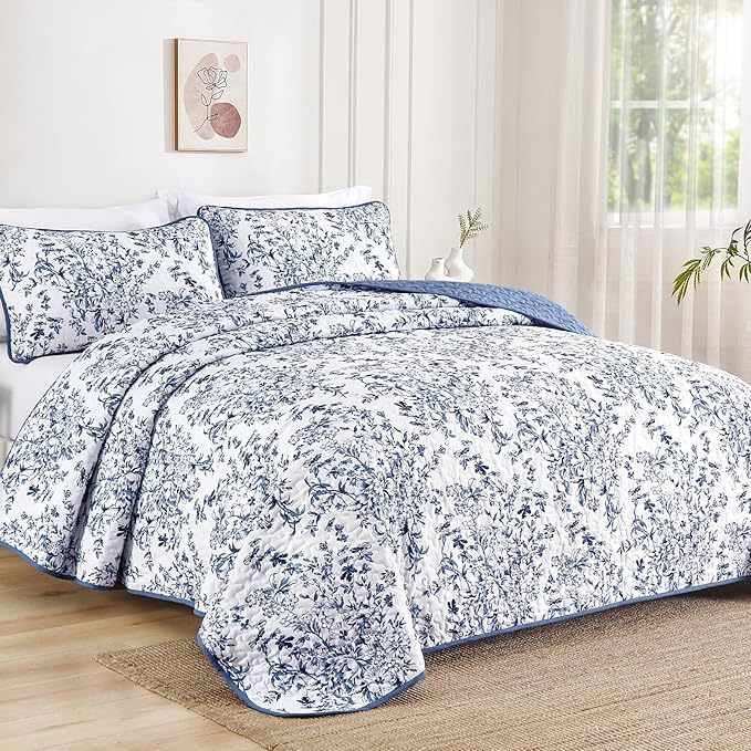 WONGS BEDDING Quilt Full Size, Blue Quilt Bedding Set with 2 Pillowcases, Botanical Quilt for Full Bed, Soft Microfiber Lightweight Coverlet Bedspread for All Season (78"×90", 3 Pieces)