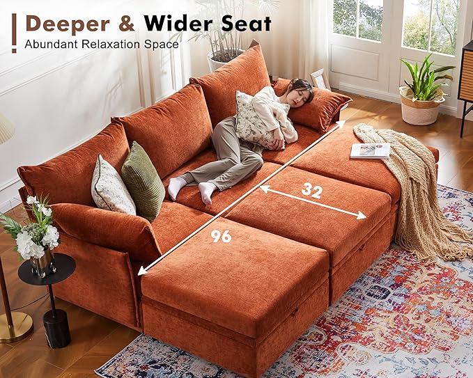ABCASA 102.6" U Shaped Modular Sectional Sofa, 5 Seater Couch with Storage Ottoman Deep Seat and High Backrest with Removable Cover for Living Room, Apartment - Chenille Terracotta Orange