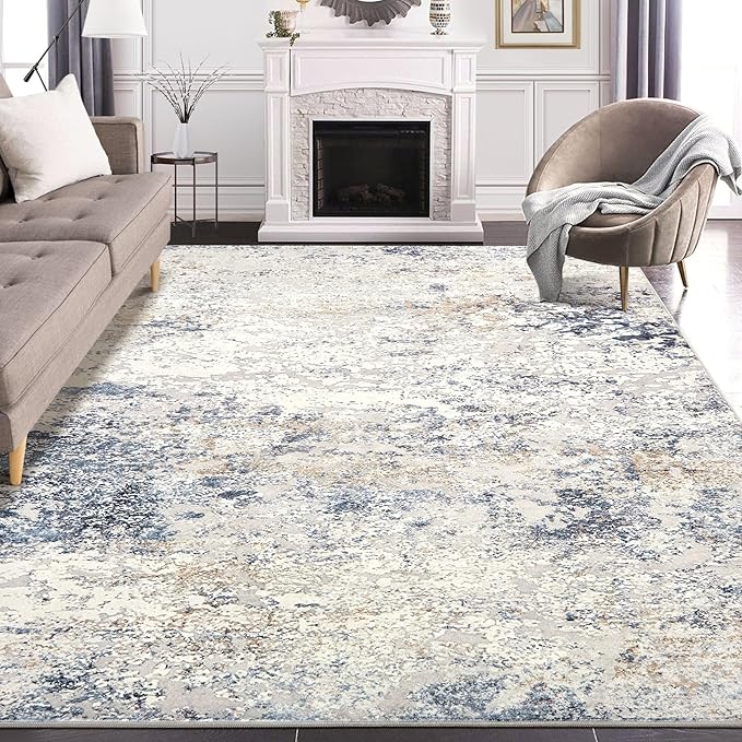 Area Rug Living Room Rugs - 8x10 Abstract Large Soft Indoor Washable Rug Neutral Modern Low Pile Carpet for Bedroom Dining Room Farmhouse Home Office - Beige Blue