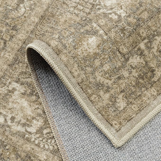Brown Area Rug 5x7 Machine Washable Vintage Living Room Distressed Non Slip Carpet Traditional Indoor Bedroom Retro Floral Accent Throw Large Rug Office Kitchen Bathroom Dining Room