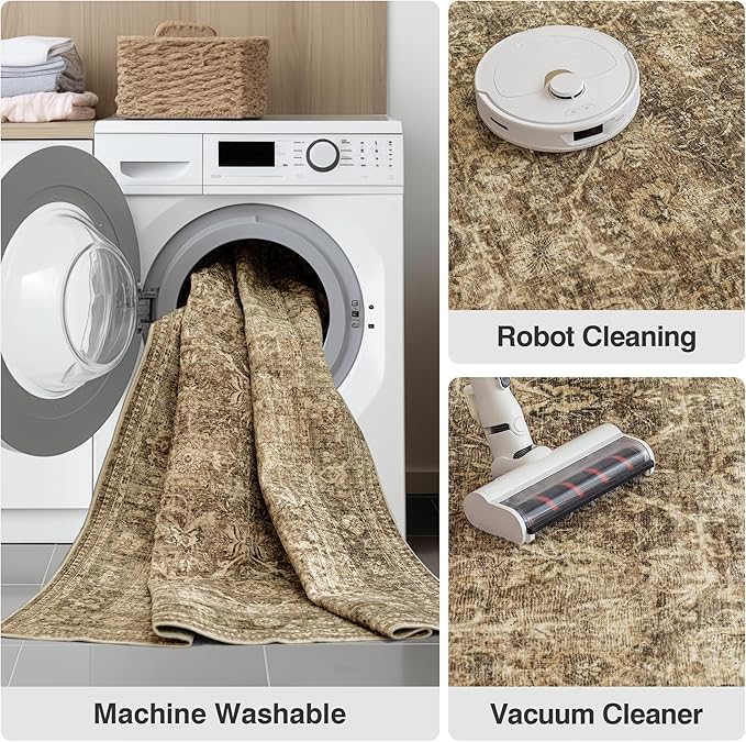 FMFUNCTEX 3x10 Runner Rug Brown Washable Vintage Neutral Distressed Non Slip Low Pile Indoor Carpet Soft Retro Floral Hallway Entryway Rug for Kitchen Living Room Bedroom Bathroom Laundry Bedside