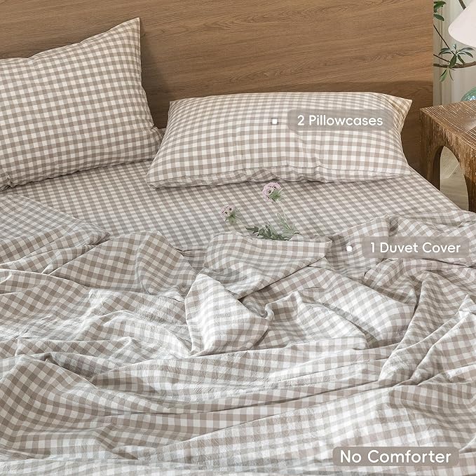 MooMee Gingham Duvet Cover Set 100% Washed Cotton Linen Like Textured Breathable Durable Soft Comfy Modern Checkered Design (Tannish Linen Grey Gingham, Palatial King/Oversized King 120"x98")