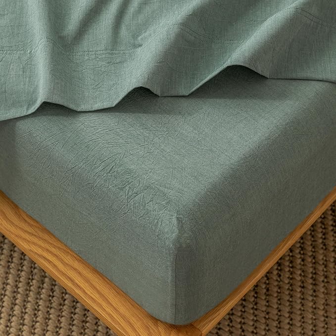 MooMee Fitted Bottom Sheet Only 100% Washed Cotton Linen Like Textured Breathable Durable Soft Comfy Deep Pocket Fits Mattress up to 17" (Heathered Green, Queen)
