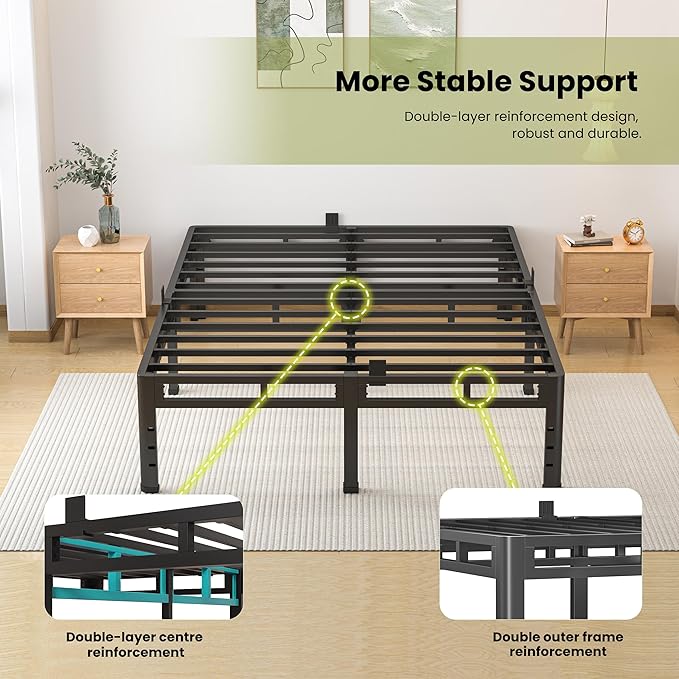 NKZ Full Size Bed Frame 16 Inch, Metal Bed Frame & Box Spring 2 in 1 Platform with Round Corner Legs, 4000lbs Weight Capacity Reinforced Metal Frame, Headboard Hole, Noise-Free, Easy Assembly
