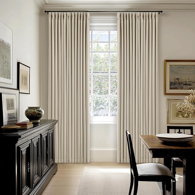 102 Inch Blackout Linen Pleated Curtains for Bedroom Living Room Darkening Pinch Pleat 100% Black Out Thermal Insulated Window Drapes Double Layer Oatmeal Beige 102 Inches Long Curtains 2 Panels Set