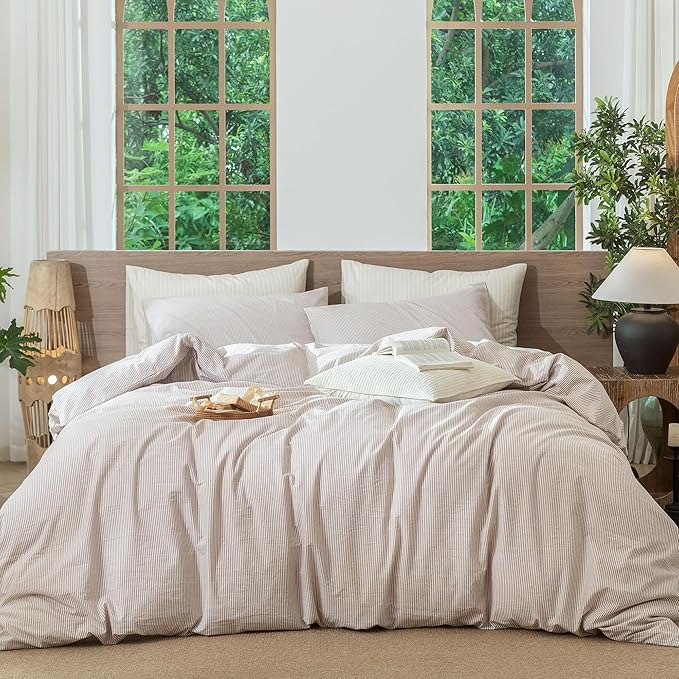MooMee Striped Duvet Cover Set 100% Washed Cotton Linen Like Textured Breathable Durable Soft Comfy (Orange Pinstripes, Cal King 104"x98")
