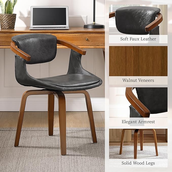 Art Leon Swivel Dining Chairs, Set of 2, Mid Century Modern Faux Leather Kitchen Dining Room Chair with Arms, Desk Chairs No Wheels, Gray