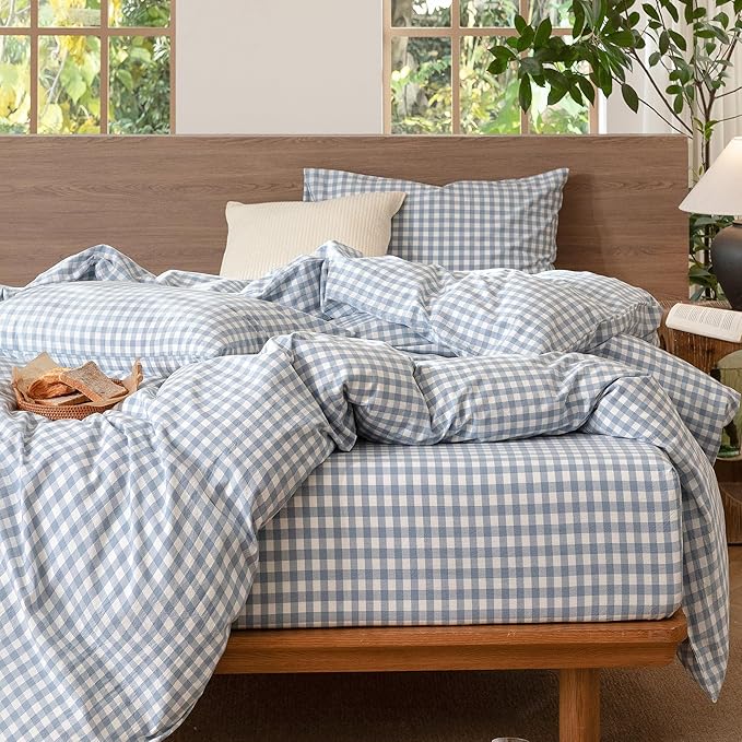 MooMee Gingham Duvet Cover Set 100% Washed Cotton Linen Like Textured Breathable Durable Soft Comfy Modern Checkered Design (Classic Gingham Cornflower Blue, Super Queen 90"x98")