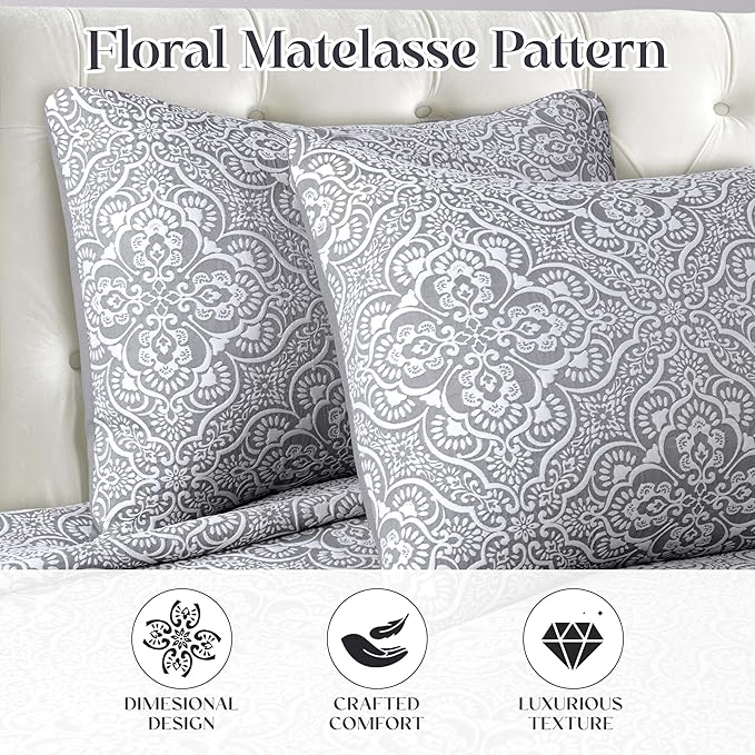 Superior 3 Piece Bedspread Set, Home Bed Decor, Decorative Bed Spread, 2 Pillow Shams, Medium Weight Blanket, Floral Matelasse Coverlet, Bedding Essentials, Enzy Collection, Queen, Charcoal