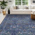 Washable Dark Blue Rug for Living Room - 10x12 Large Area Rug for Dining Room Under Table, Bedroom, Soft Low Pile Non-Slip Stain Resistant Carpet - Vintage Navy Floral Design
