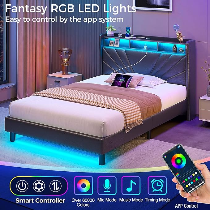 Rolanstar Twin Size Bed Frame, Storage Headboard with Charging Station and LED Lights, Upholstered Bed with Heavy Duty Wood Slats, No Box Spring Needed, Noise Free, Easy Assembly, Black