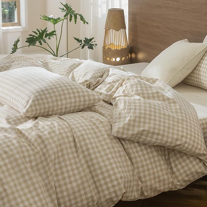 MooMee Gingham Duvet Cover Set 100% Washed Cotton Linen Like Textured Breathable Durable Soft Comfy Modern Checkered Design (Almond Milk Grey Gingham, Full 80"x90")