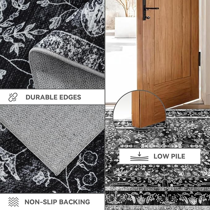 3x6 Runner Rugs for Hallways: Kitchen Runner Non Slip Washable Rug with Rubber Backing Stain Resistant Carpet Low Pile Floral Rugs for Bedroom Bathroom Laundry Living Room Black White 3x6