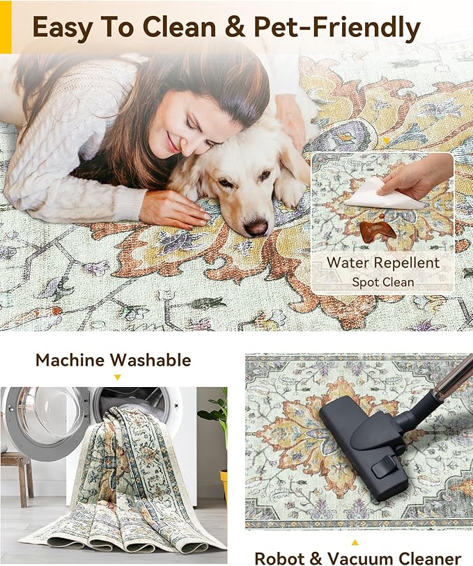 Area Rugs 2'x8' Washable Non-Slip, Floral Vintage Distress Print Pattern Medallion Carpet for Living Room Bedroom Dining Room, Light Yellow Carbon Grey Orange