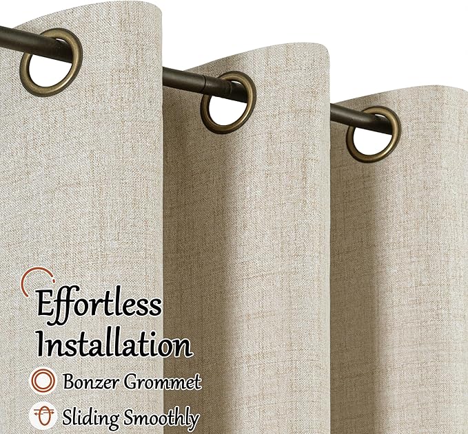Beige 100% Blackout Curtains for Living Room 72 Inch Length 2 Panels Set, Thermal Insulated Light Blocking Polyester Linen Curtains for Bedroom, Bronze Grommet Boho Window Drape Each 52" Wide